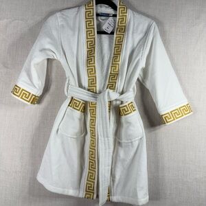 Kids White Terry Swim Coverup with Gold Trim Caesars Greek key robe pool